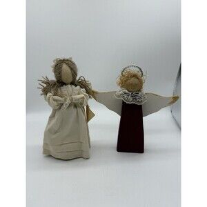 Pair Of Vintage Handmade Rustic Folk Art Angels Wooden Standing